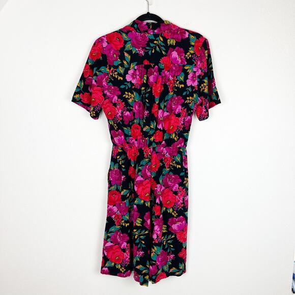 Vintage Floral Romper 80s Black V-Neck Short Sleeve Boho Festival Garden Party M - Picture 3 of 11